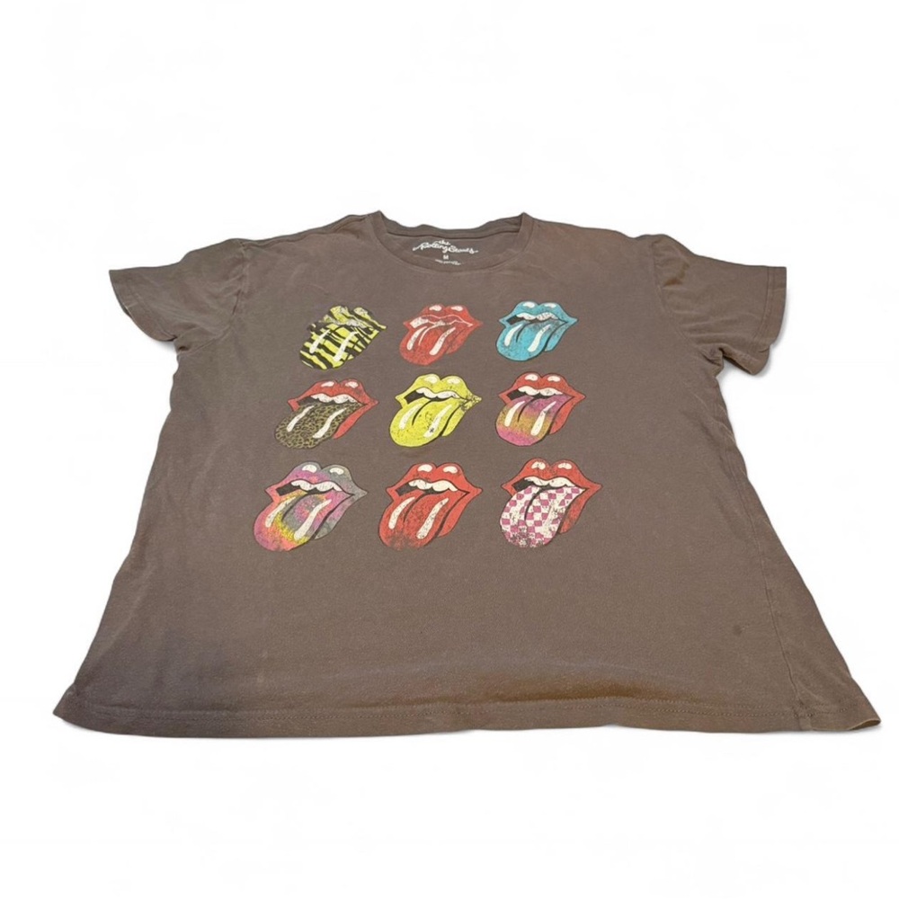 The Rolling Stones Brown Graphic Tee with Colorful Tongue Prints